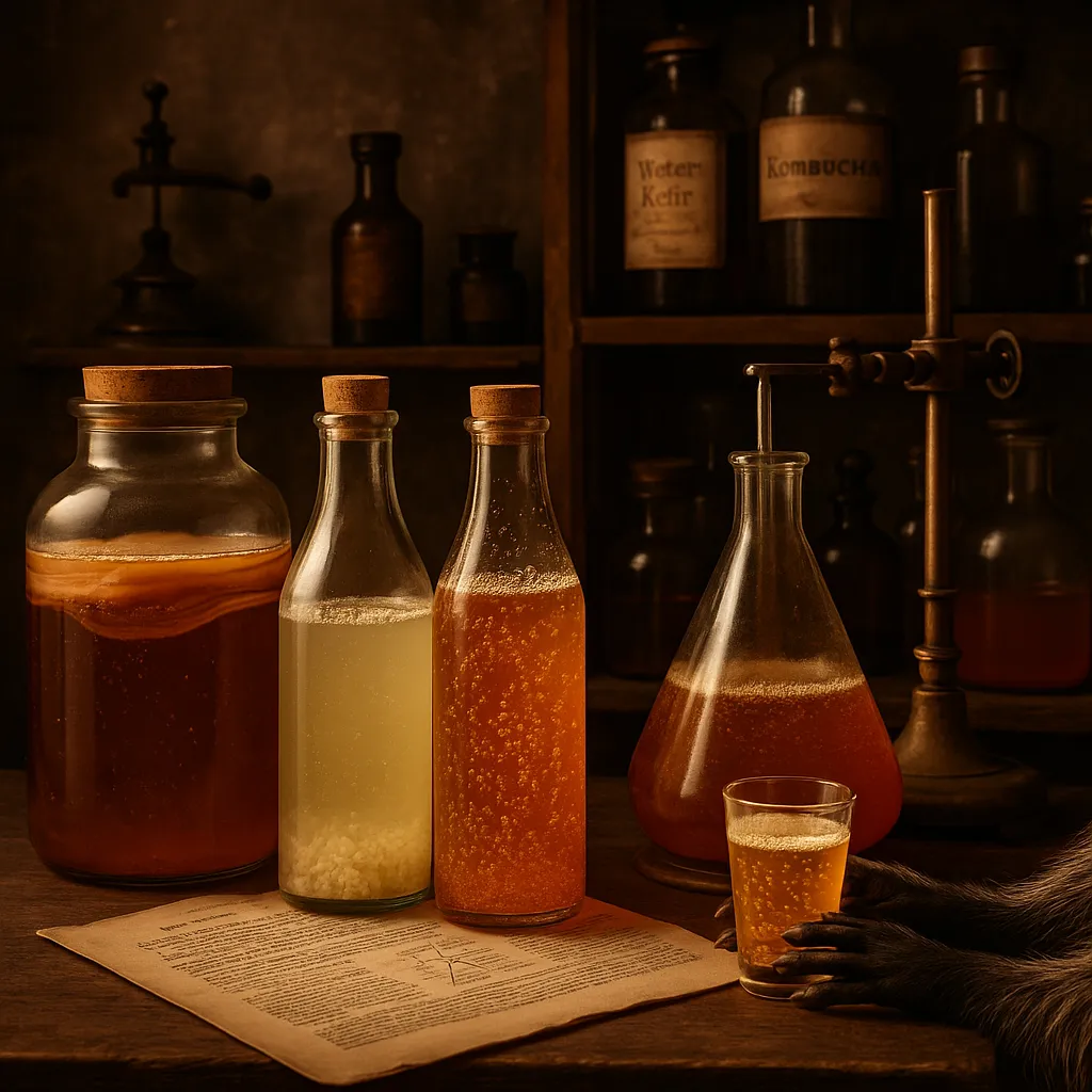 Fermented beverages in vintage laboratory setting