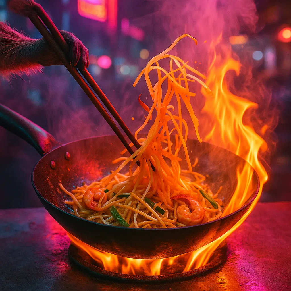 Stir-frying Pad Thai in a wok