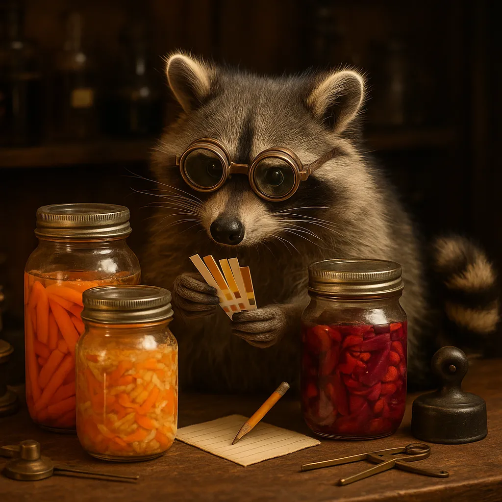 Raccoon scientist carefully checking fermentation safety