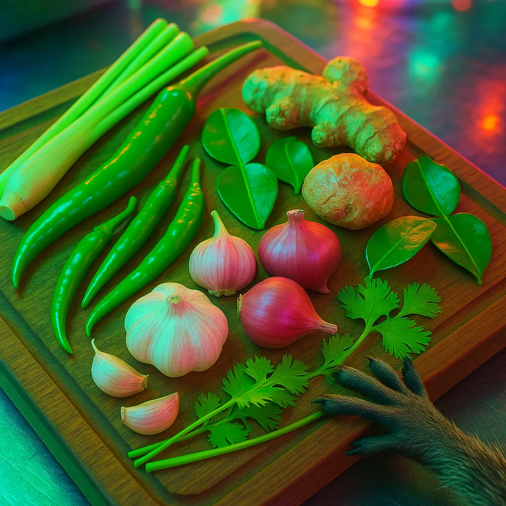 Thai green curry paste ingredients arranged on wooden cutting board